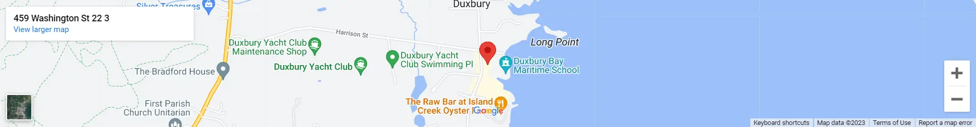 A map of duxbury, ma with the location of raw bar at island creek oyster.